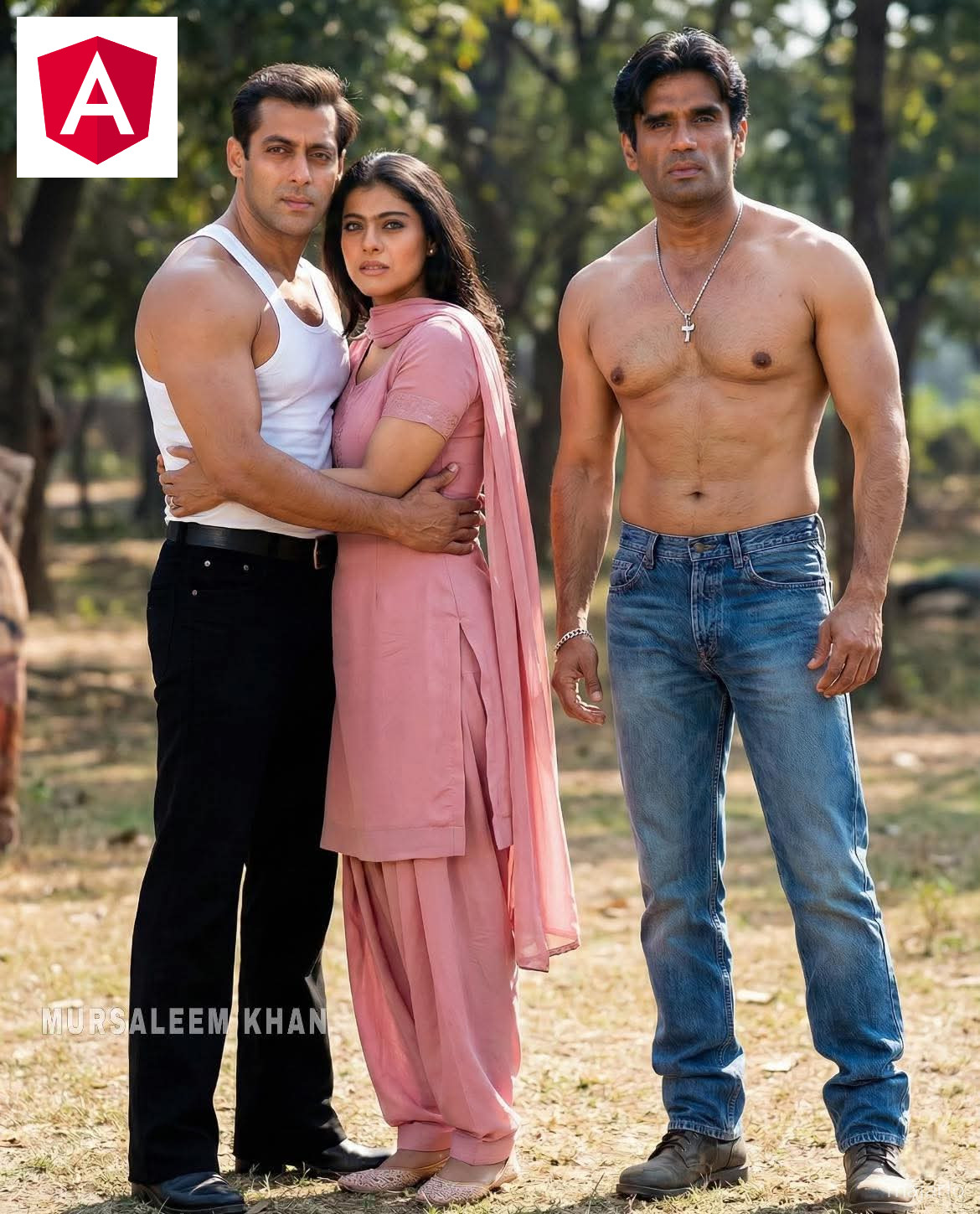 Salman Khan, Kajol, and Suniel Shetty posing together, 
